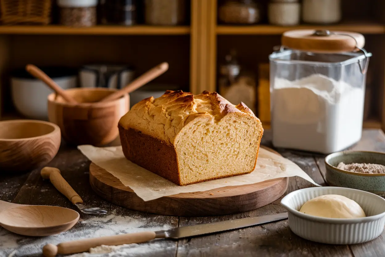 Freshly baked sourdough quick bread on a wooden table