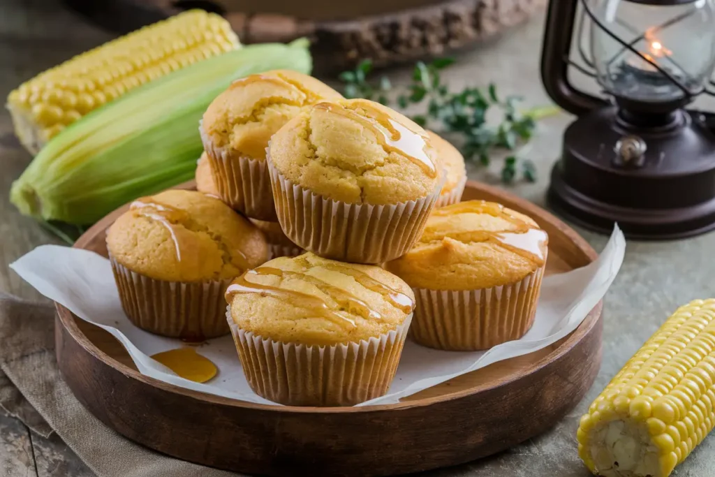 Sweet cornbread muffins drizzled with honey.