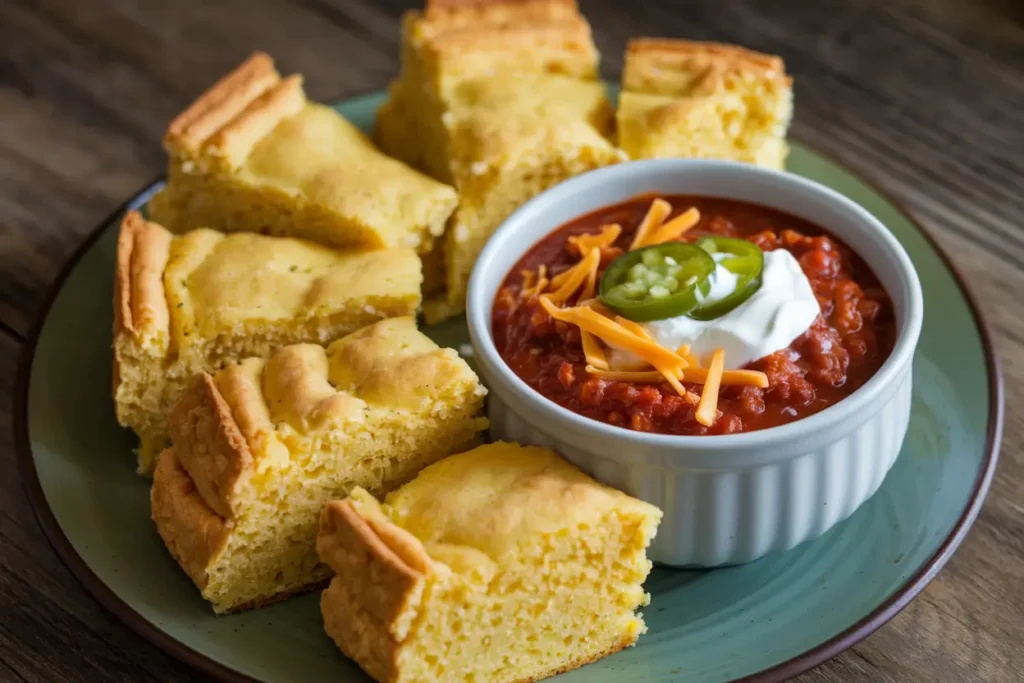 Southern cornbread served with chili and jalapeños