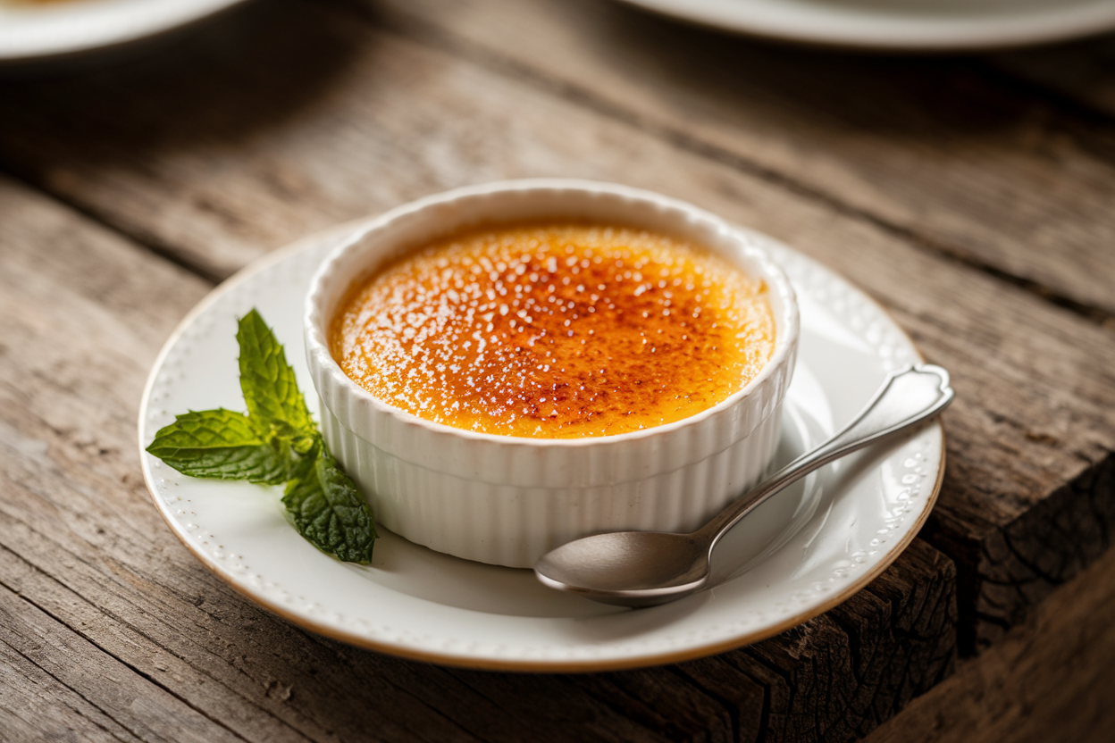 Crème brûlée dessert with golden caramel top." Title: "Crème Brûlée Close-Up