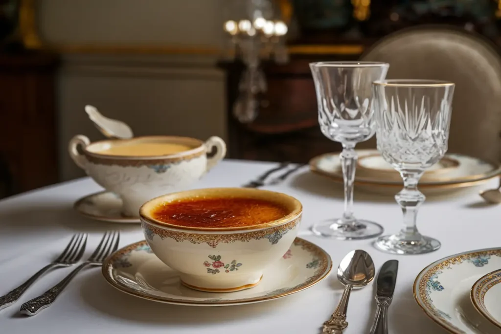 Crème brûlée and custard served in bowls.