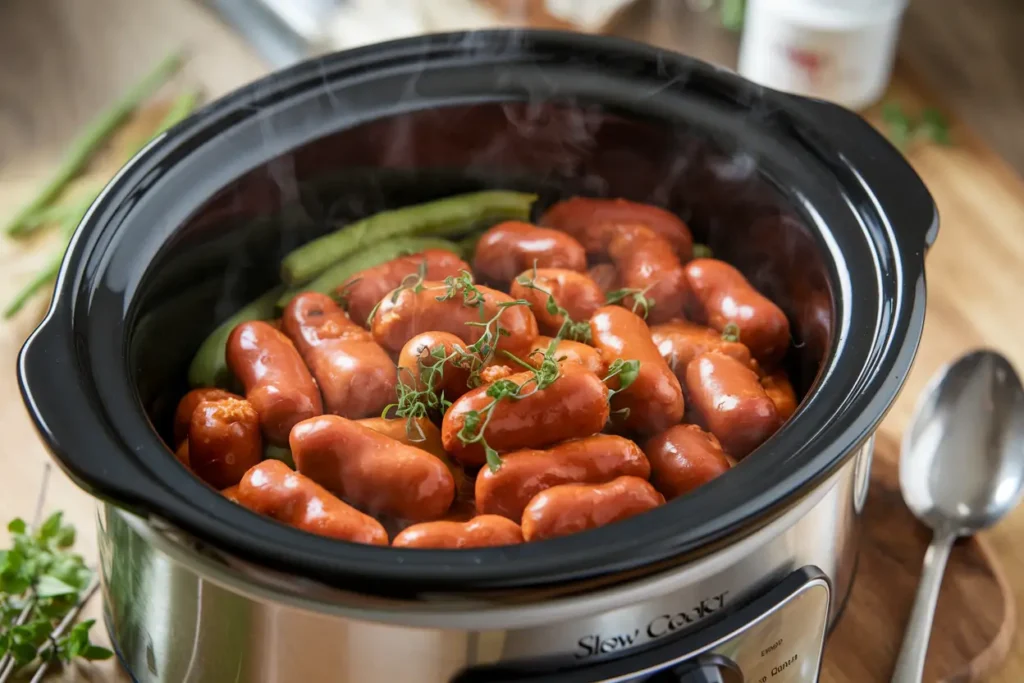 Slow cooker filled with steaming Beanie Weenie Recipe