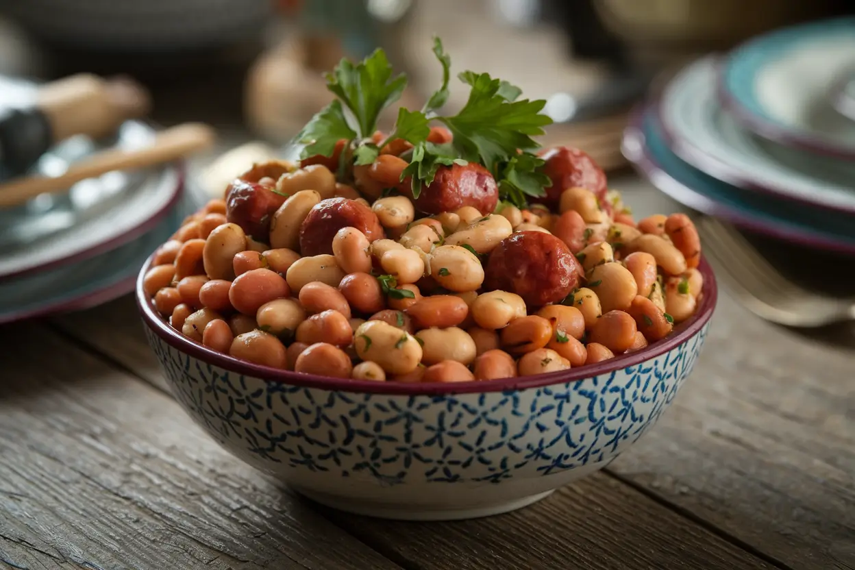 A bowl of Beanie Weenie garnished with parsley