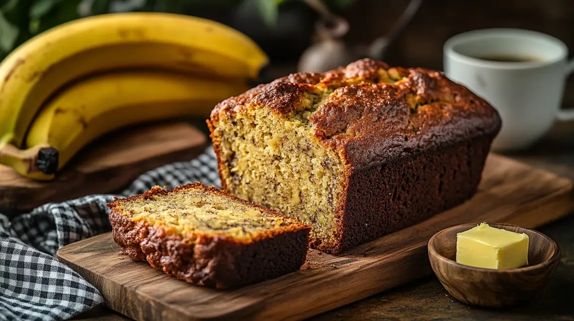 Moist banana bread loaf sliced on a wooden board