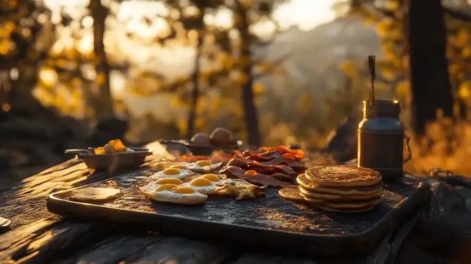 Blackstone griddle breakfast with pancakes, bacon, and eggs.