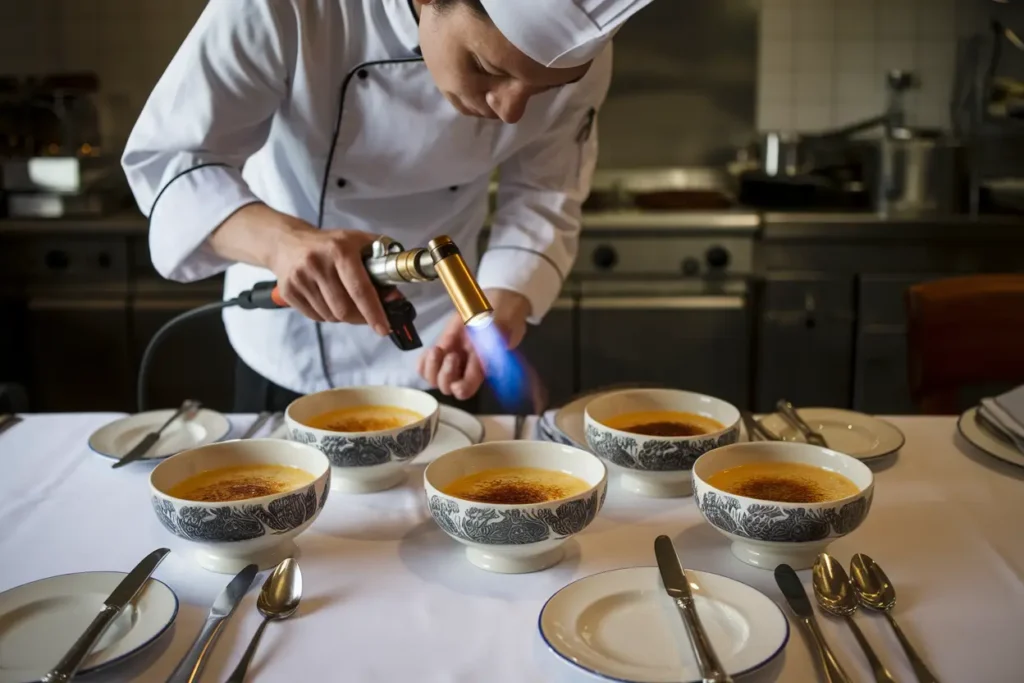 A chef caramelizing crème brûlée with a torch.