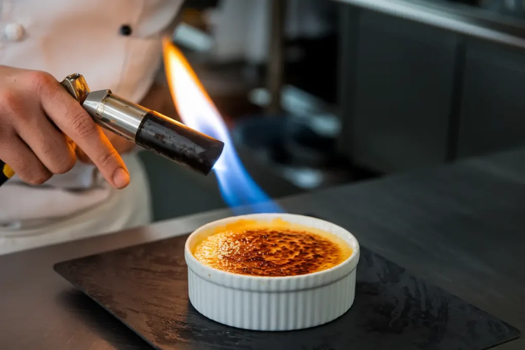 Torch caramelizing a crème brûlée