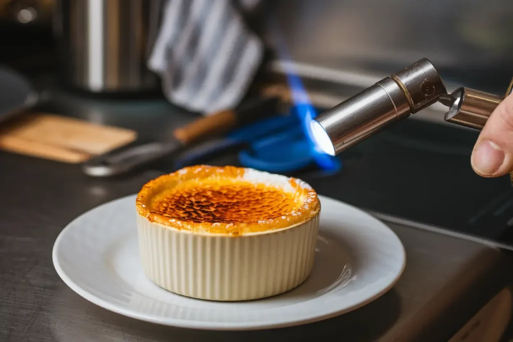 Caramelizing crème brûlée with a kitchen torch