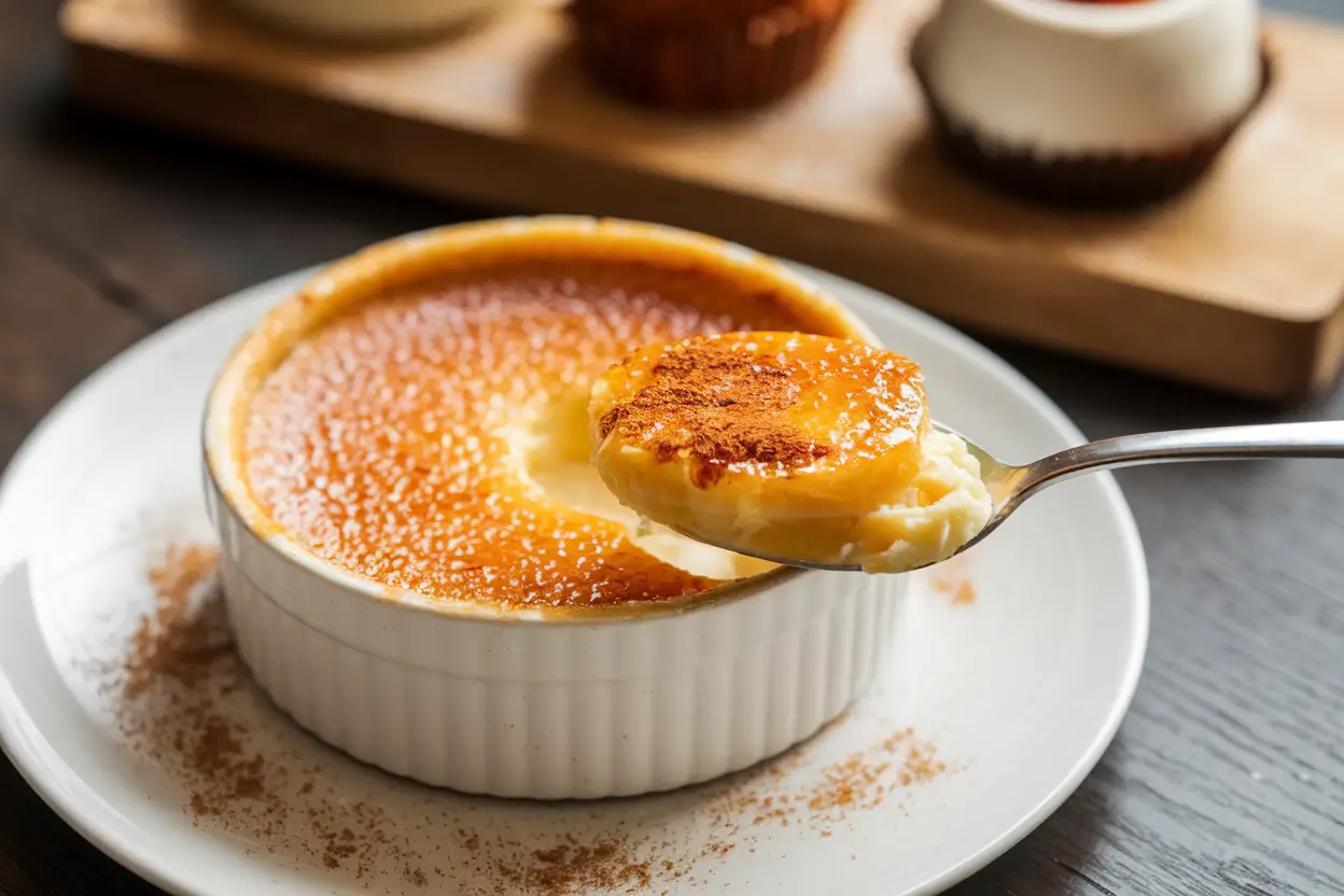 Crème brûlée with caramelized sugar crust in a white ramekin.