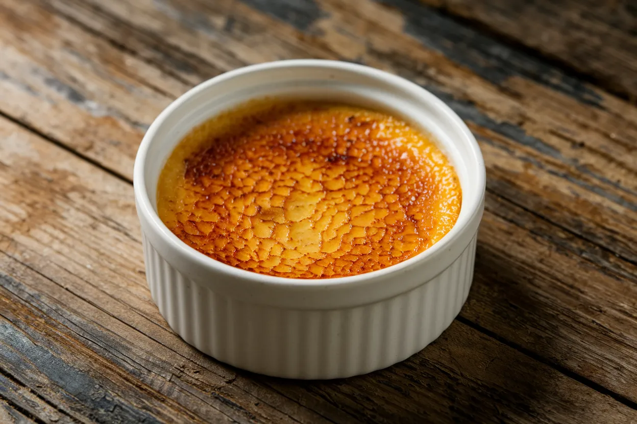 Classic crème brûlée with caramelized sugar crust.