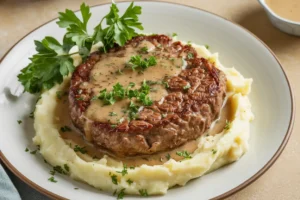 Salisbury steak with gravy and mashed potatoes.