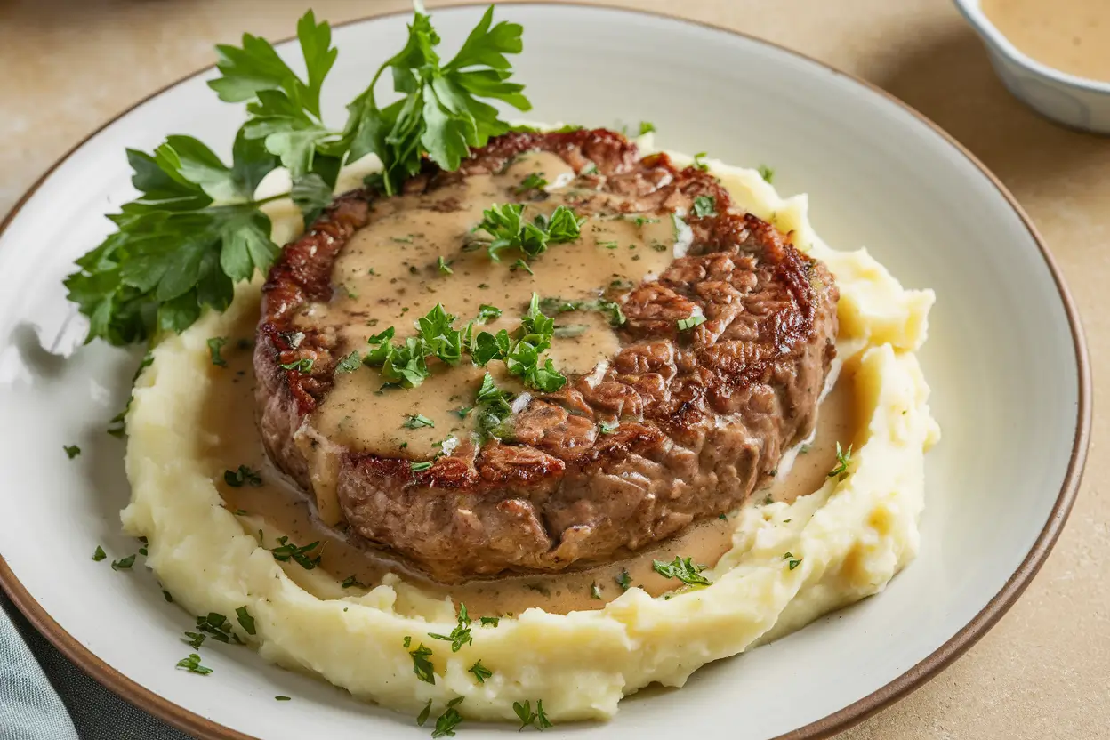 Salisbury steak with gravy and mashed potatoes.