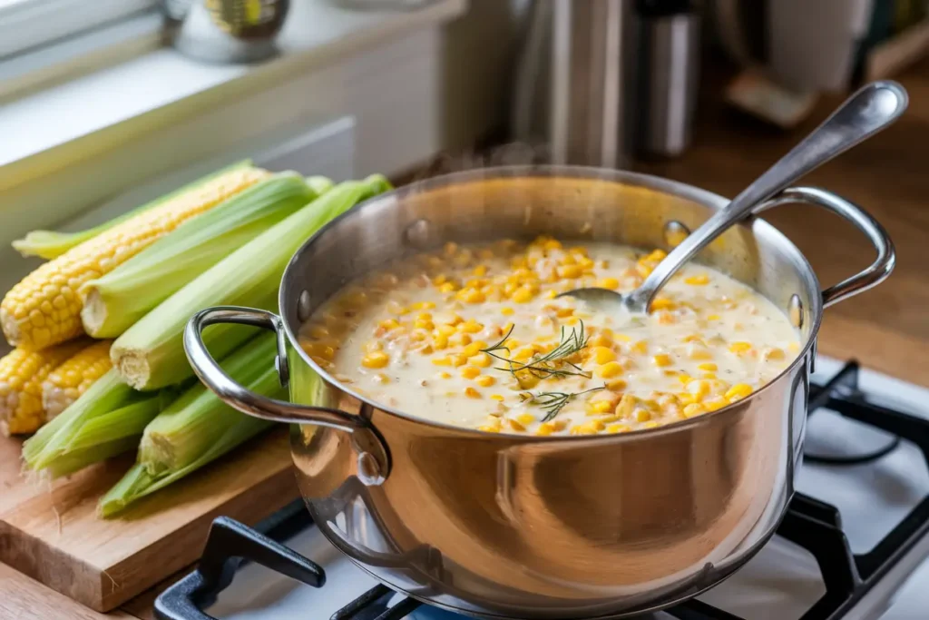 Pot of corn chowder cooking