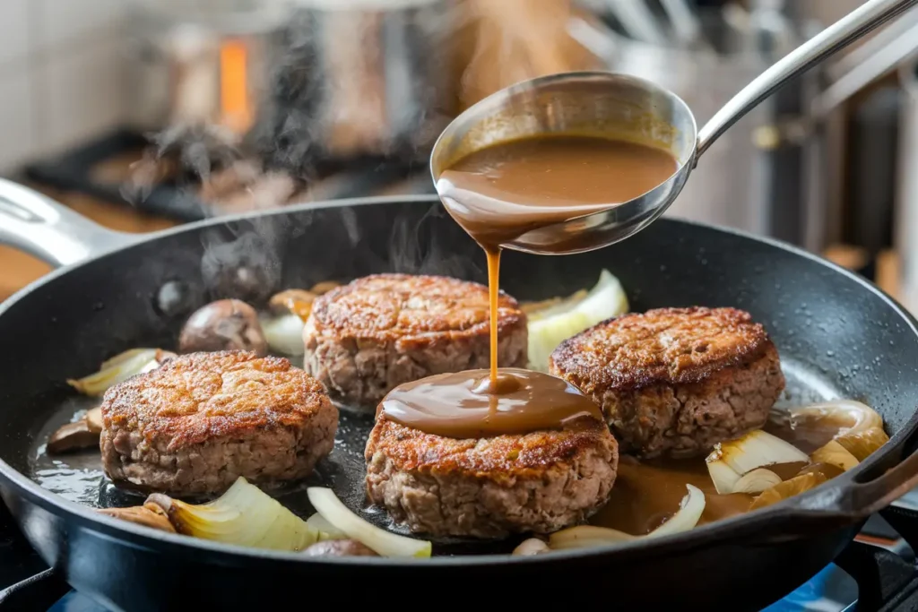 Salisbury steak cooking in a skillet.