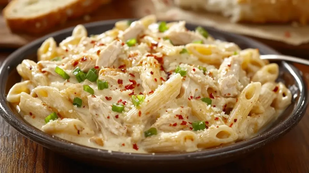 A plated serving of creamy Cajun chicken pasta with Parm