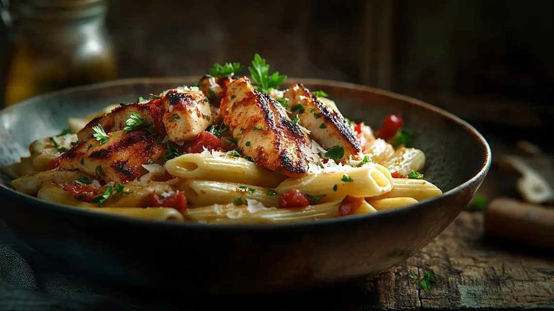 A bowl of creamy Cajun chicken pasta with grilled chicken and Parmesan