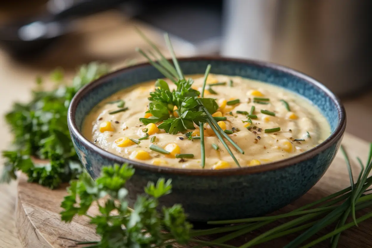 Bowl of creamy corn chowder with herbs Description: A delicious serving of corn chowder ready to eat