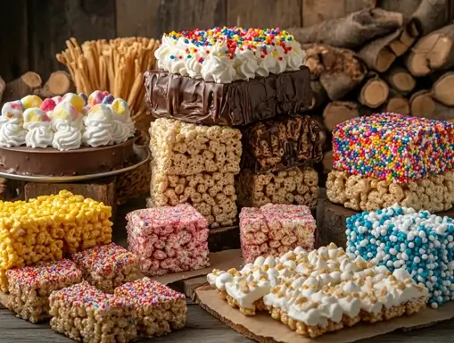 Assorted Rice Krispie treats with different flavors and toppings.