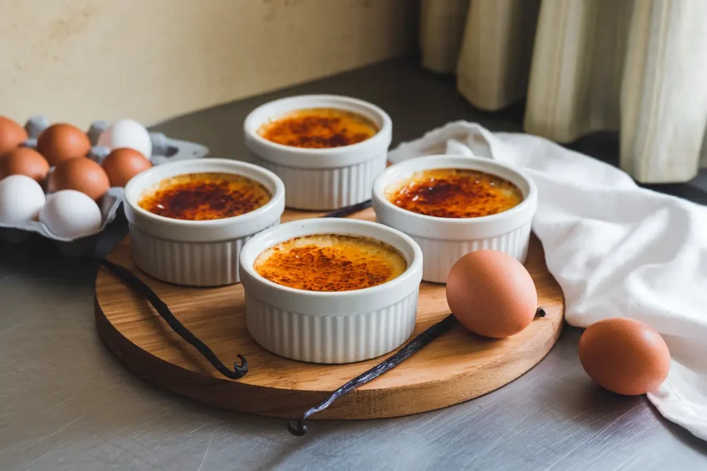 A set of crème brûlée desserts alongside their key ingredients: vanilla, sugar, and eggs