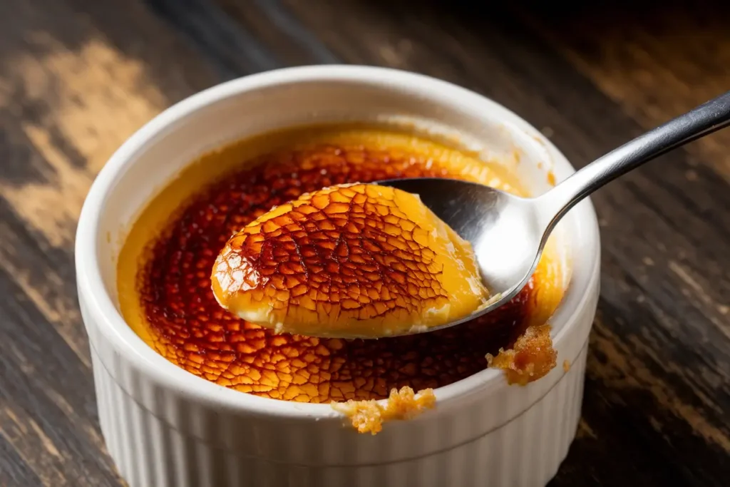 Spoon cracking crème brûlée caramelized top."
Title: "Crème Brûlée Texture