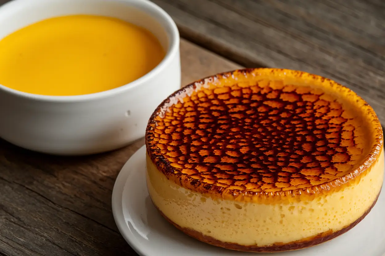 A crème brûlée with a caramelized sugar top next to a bowl of custard