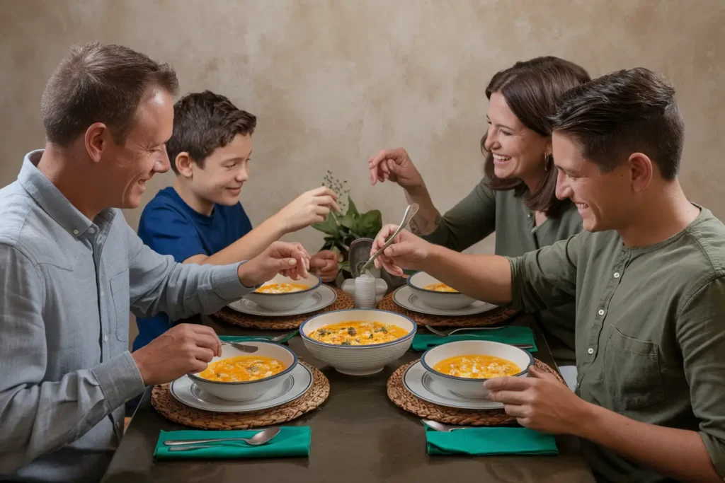 Family eating corn chowder