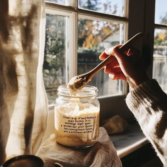 Hands feeding a sourdough starter with a wooden spoon.