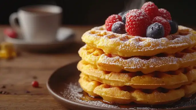 Crispy sourdough waffles with berries and maple syrup.