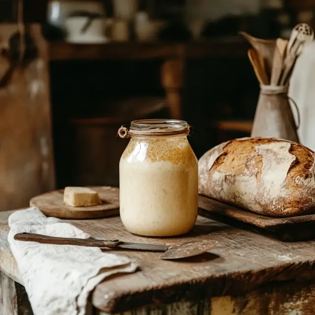 Healthy sourdough starter in a glass jar on a wooden counter.