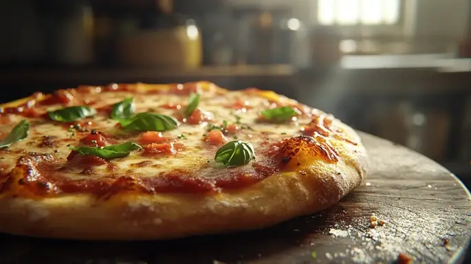 Sourdough pizza crust with fresh basil and melted cheese.