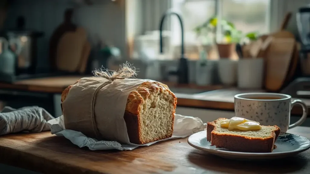 Wrapped banana bread recipe 
loaf with a buttered slice.