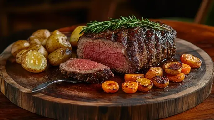 Chuck roast recipes – tender, slow-cooked beef with vegetables on a wooden platter.