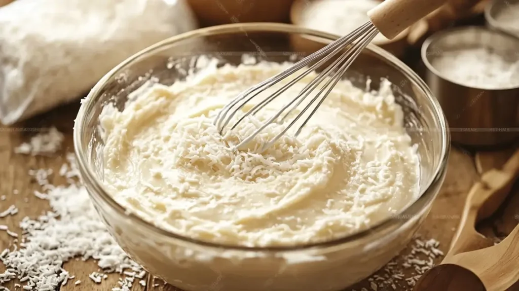 Mixing coconut milk into cake batter for a homemade coconut cake recipe.