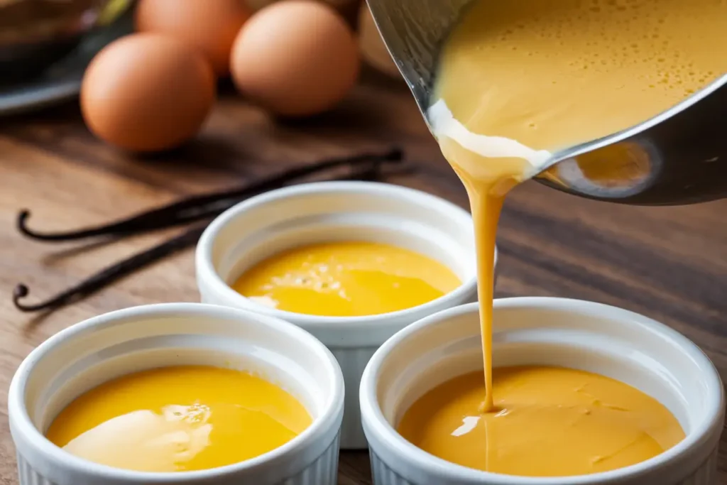 Preparing custard for crème brûlée with milk