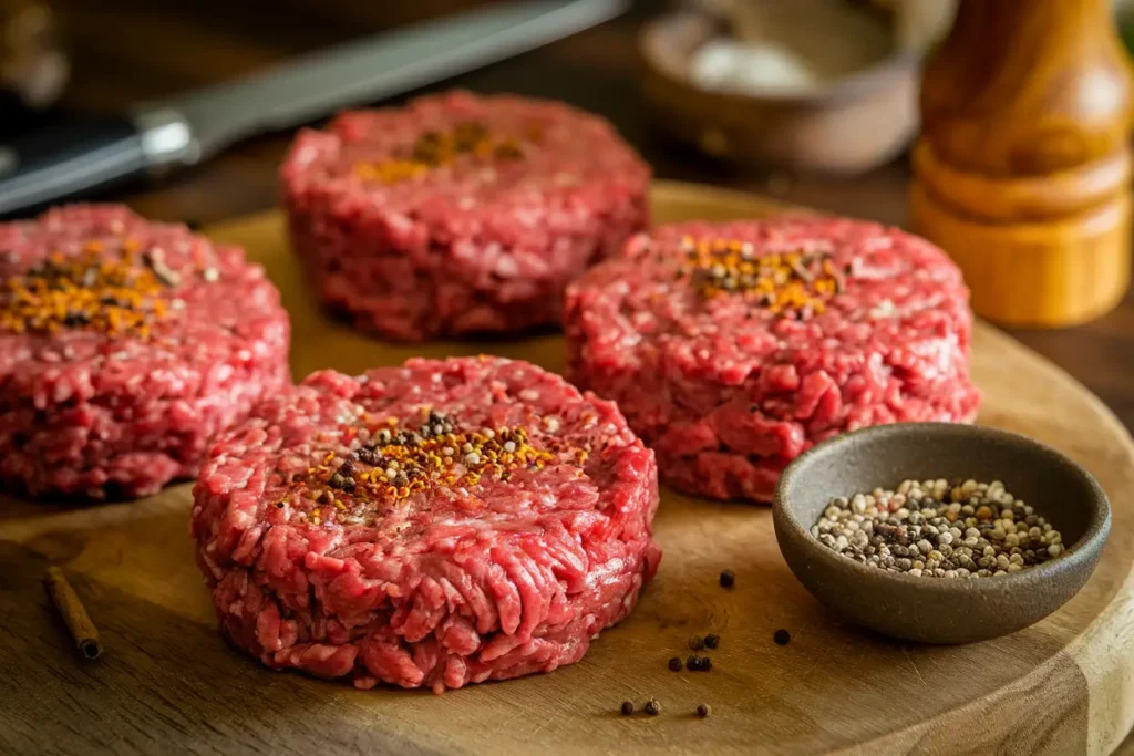 Raw seasoned Salisbury steak patties.
Title: Preparing Salisbury Steak Patties.