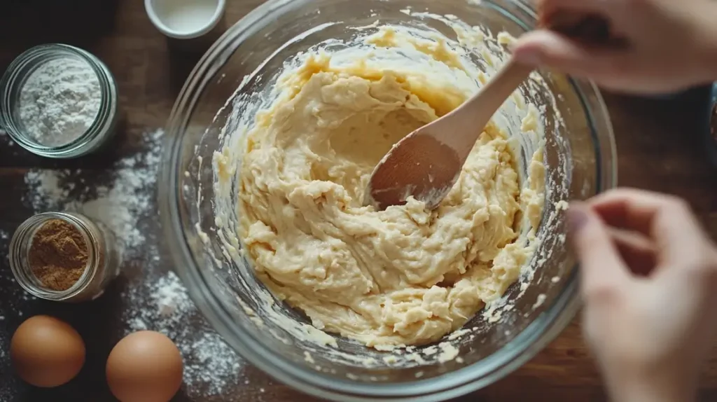 Hands mixing banana bread recipe batter in a glass bowl.