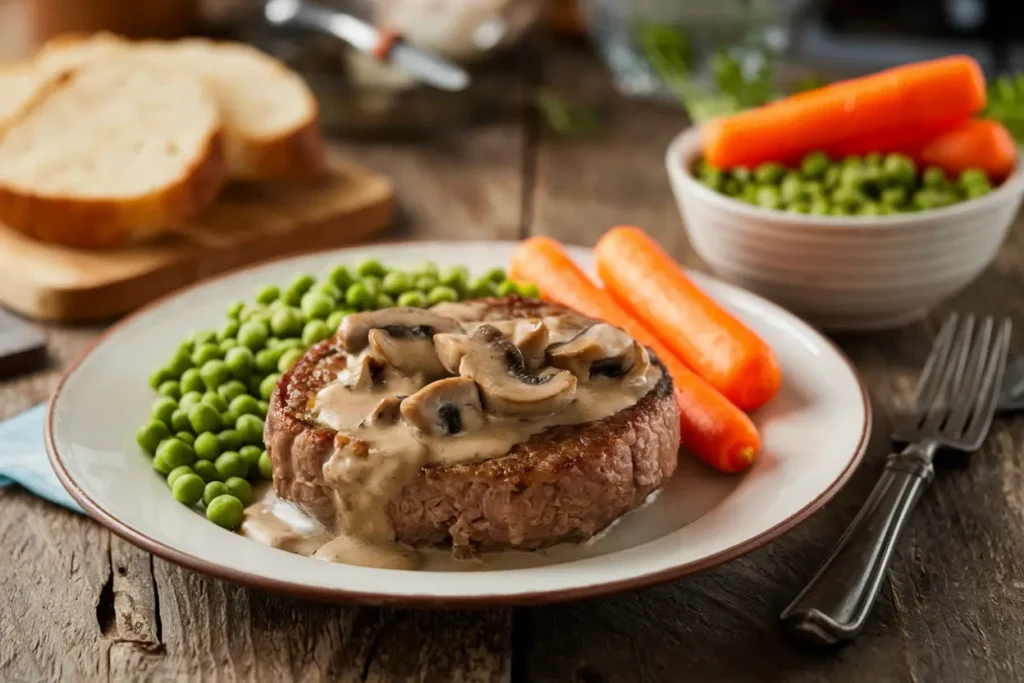 Salisbury steak served with vegetables.