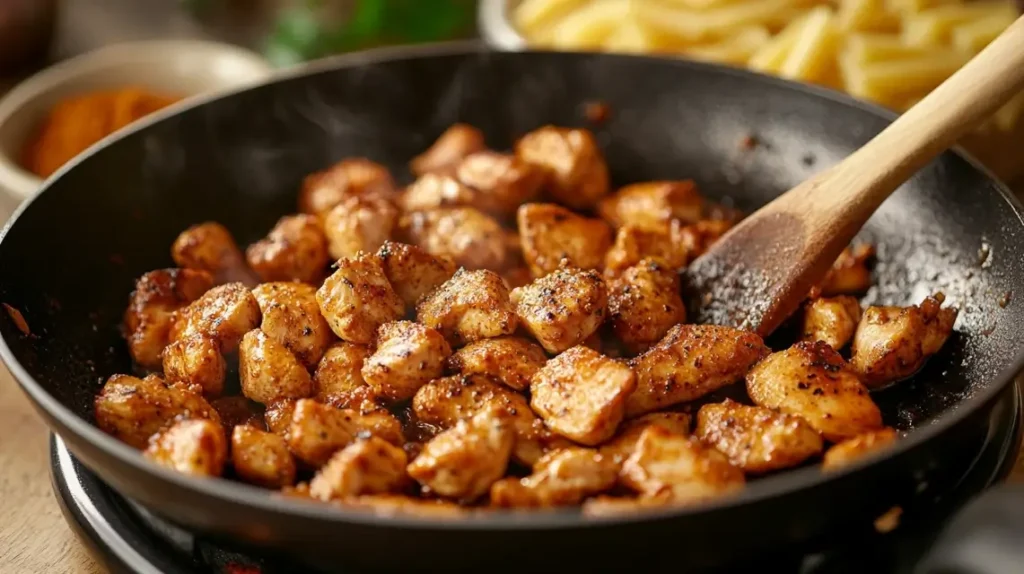 Cajun-seasoned chicken sizzling in a skillet for pasta.