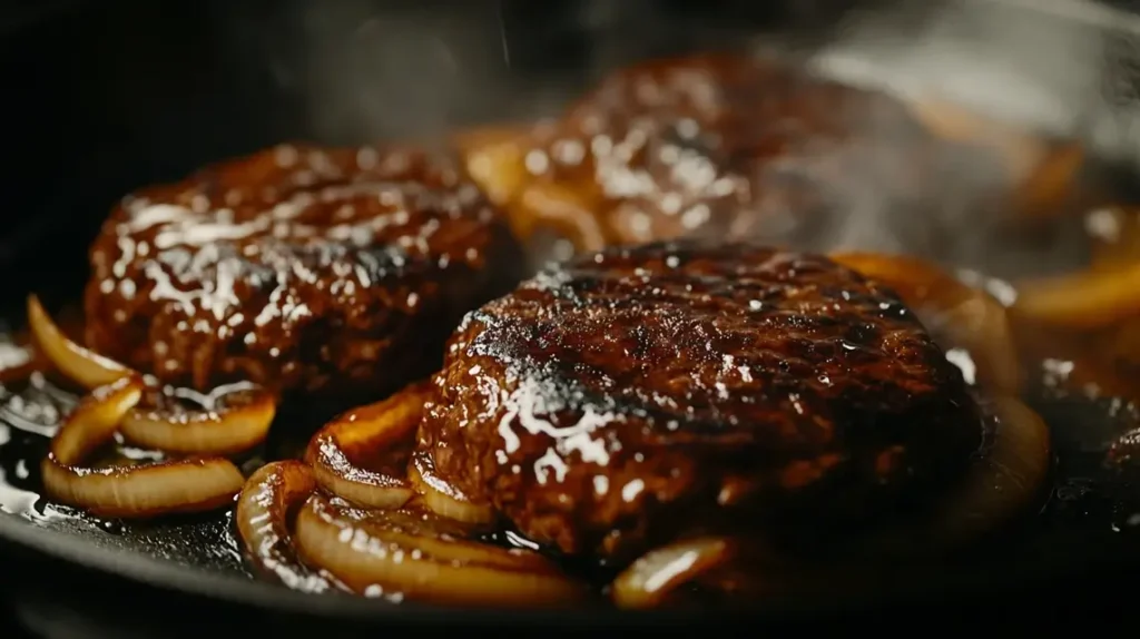 a group of burgers cooking on a pan