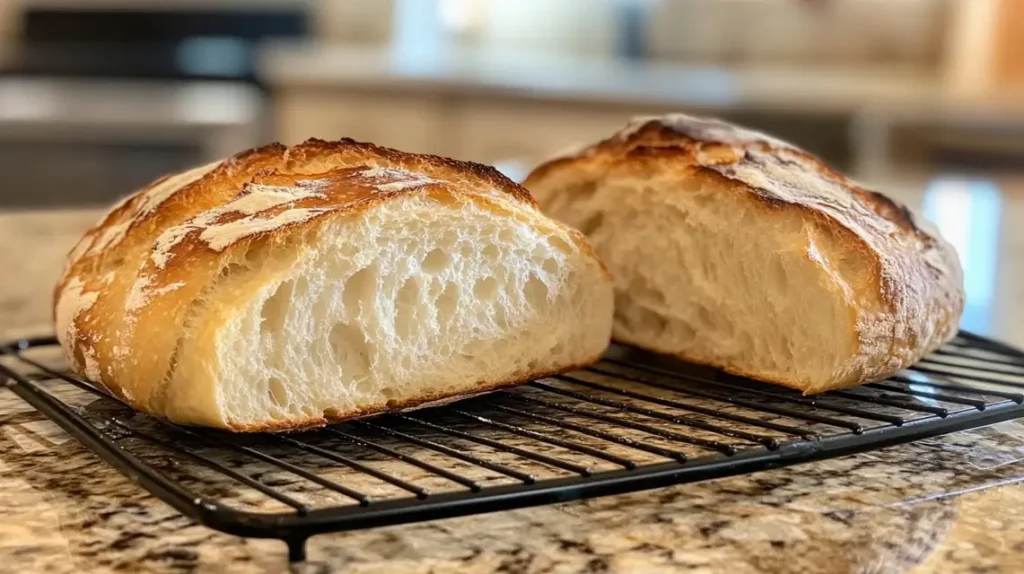  Is sourdough a quick bread? Side-by-side comparison of a sliced sourdough loaf and a whole crusty sourdough bread on a cooling rack.