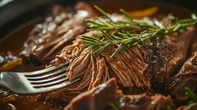  Shredded chuck roast with rosemary and juices.