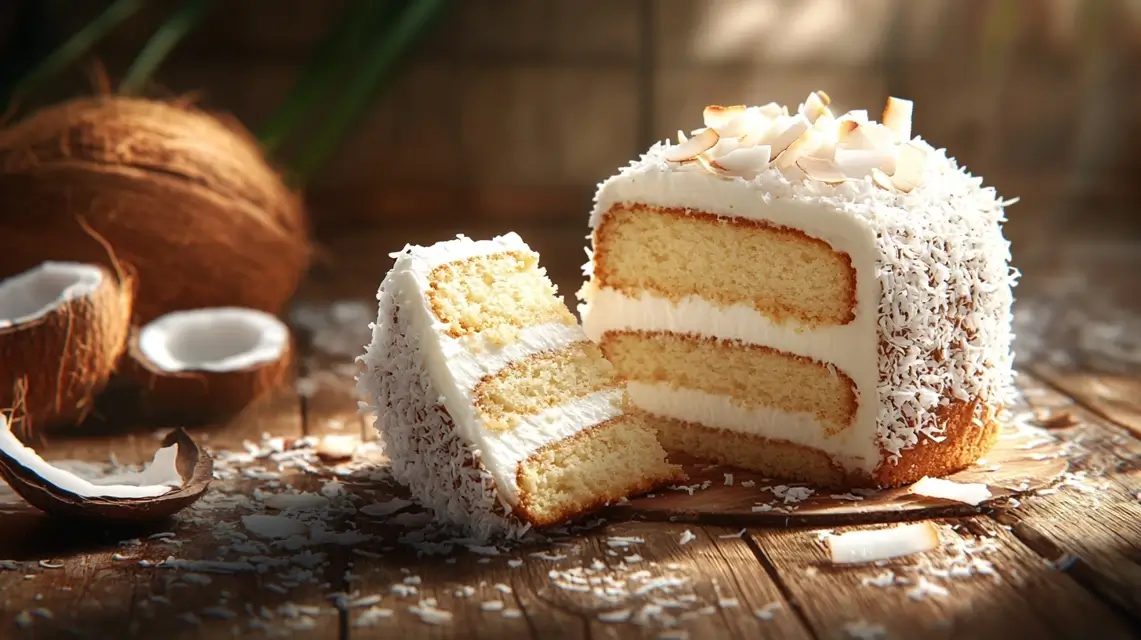 Moist coconut cake topped with shredded coconut on a wooden table.