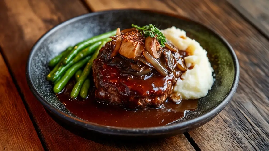 a plate of food on a wood table