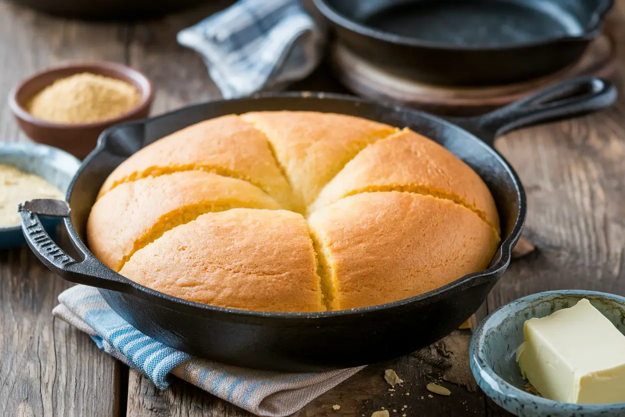 Southern cornbread in a cast-iron skillet.