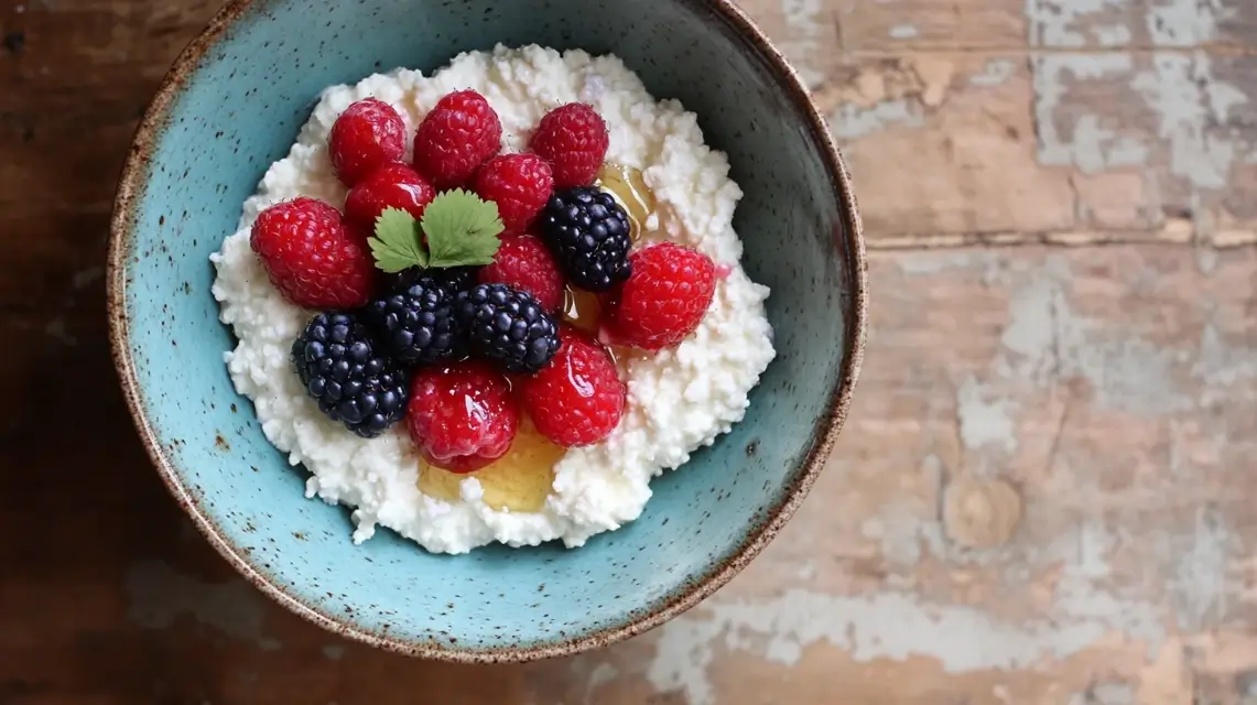 A bowl of creamy cottage cheese topped with fresh berries and honey, served on a rustic wooden table.