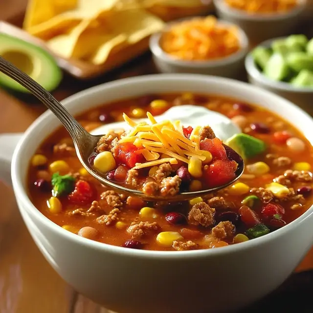 A bowl of taco soup with a spoon lifting a hearty bite, surrounded by cheese, sour cream, avocado, and tortilla chips for toppings.