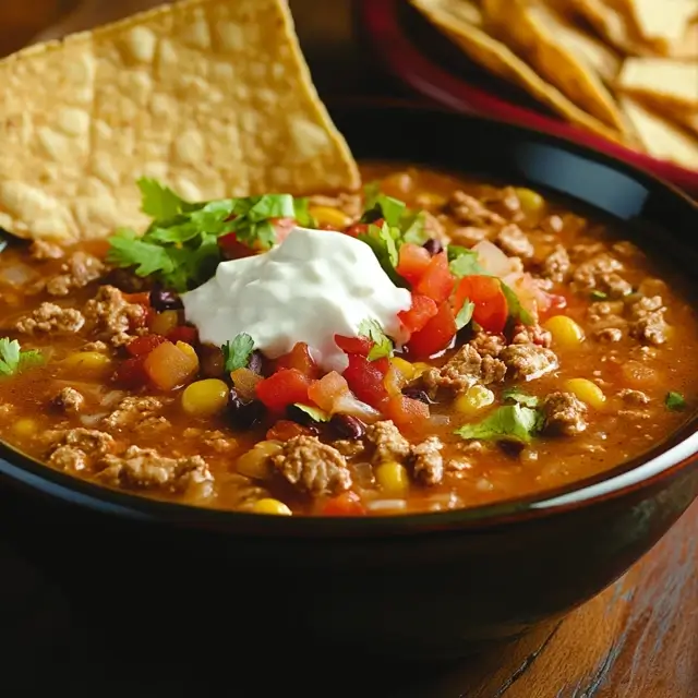 A bowl of taco soup with a spoon lifting a hearty bite, surrounded by cheese, sour cream, avocado, and tortilla chips for toppings. Taco Soup Recipe