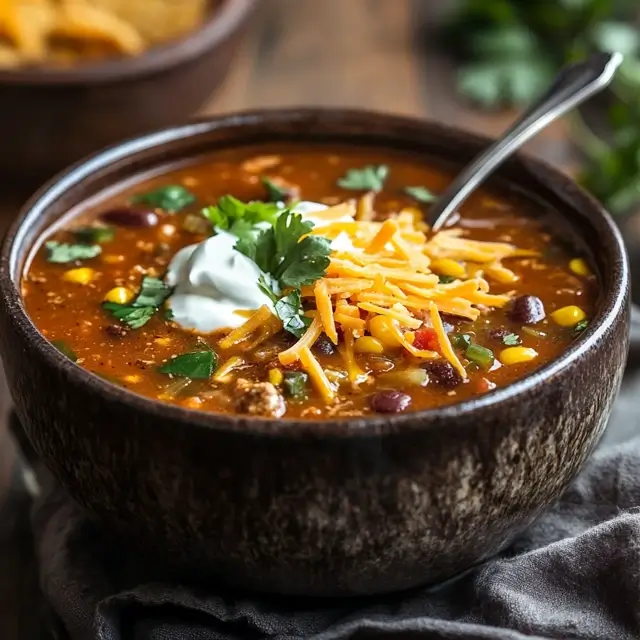 A rich, flavorful bowl of homemade taco soup topped with cheese, sour cream, and tortilla strips, served in a rustic bowl.