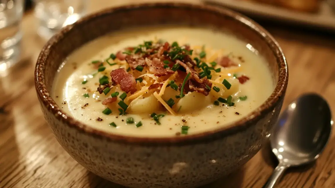 Creamy 3-ingredient potato soup topped with cheese and bacon.