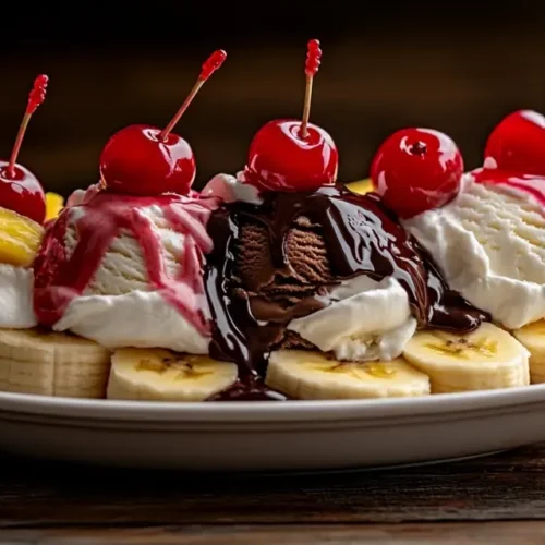 Classic Banana Split Dessert with Ice Cream and Toppings